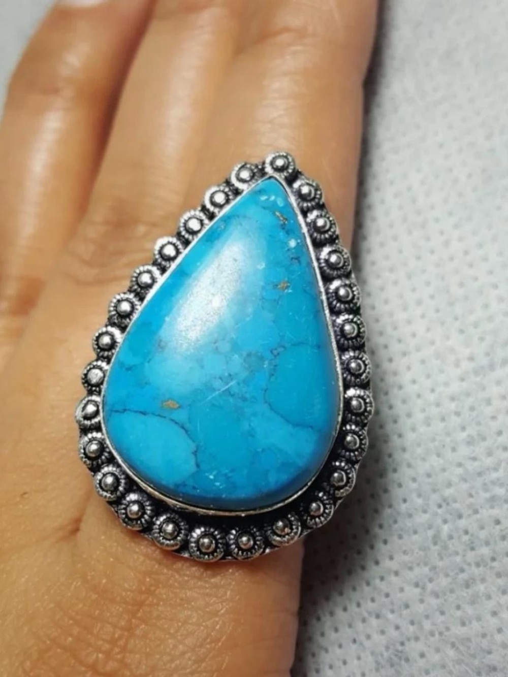 925 Silve Sleeping Beauty Turquoise Teardrop Statement Ring - Blue Silver Accent